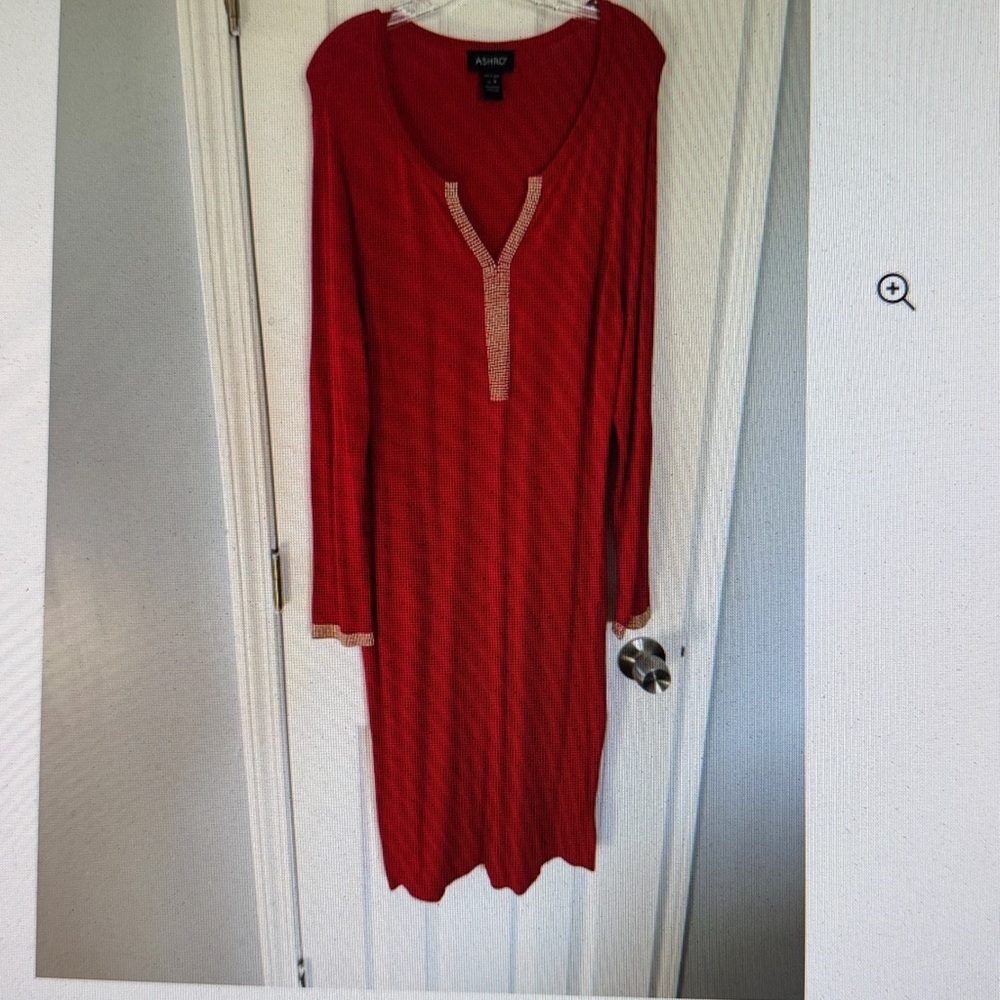 Ashro Plus Size Sweater Dress, RED with Gold Trim, Size:XL/1X